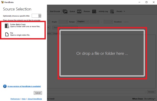 Agregue y suelte sus archivos Handbrake