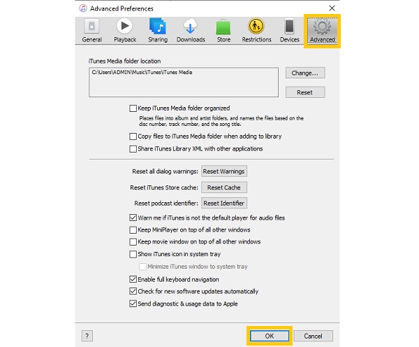 Настройка дополнительных параметров iTunes