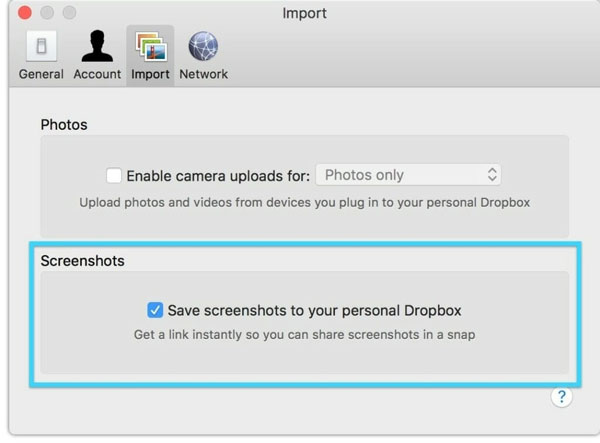 Innstilling for Dropbox Last opp skjermbilde