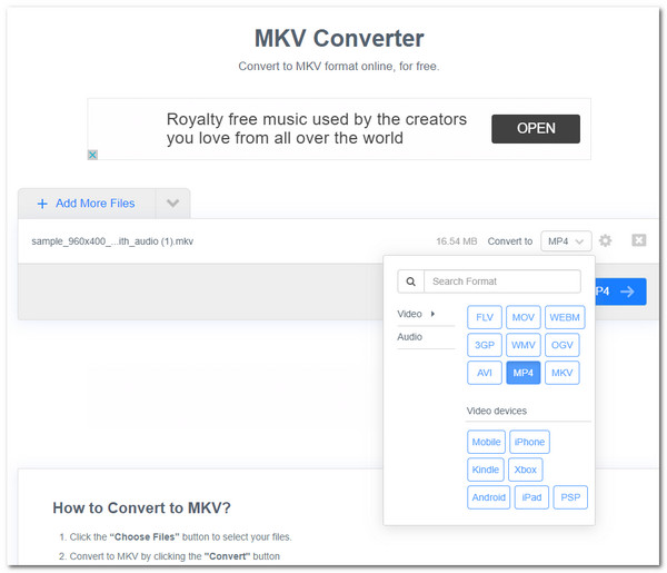 FreeConvert MKV'yi MP4'e Dönüştür