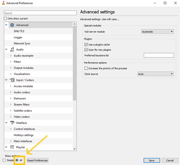 VLC Show Settings All
