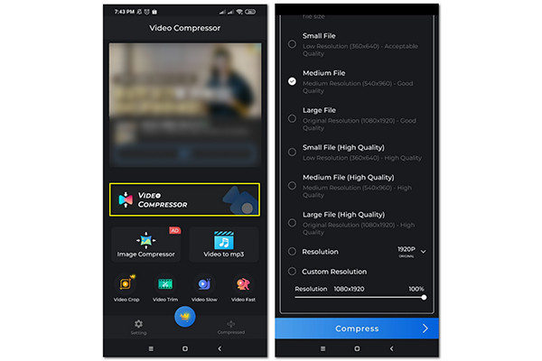 वीडियो कंप्रेसर Android पर MP4 कम करें