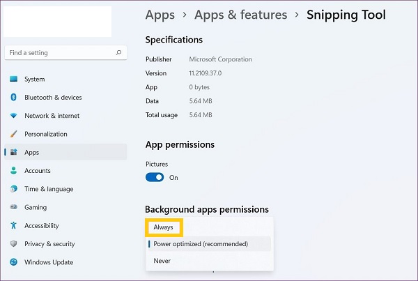อนุญาตให้ Snipping Tool ทำงานในเบื้องหลัง