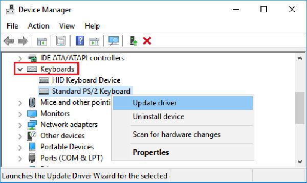 Atualizar o Gerenciador de Dispositivos do Driver do Teclado Windows 10