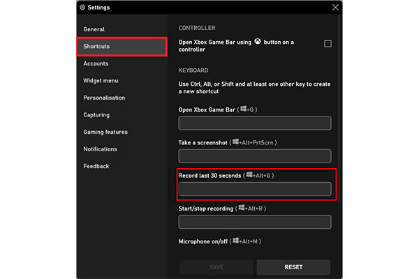 Zakładka Skróty paska gry Nagrywaj ostatnie 30 sekund