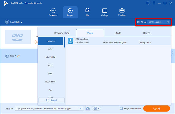 Выберите формат вывода DVD Extractor