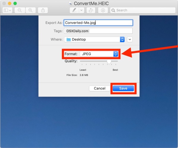 Converti HEIC in JPG su Mac Preview