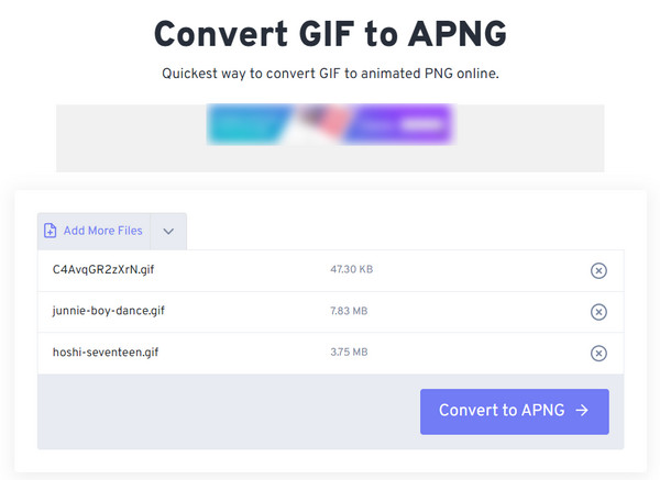 FreeConvert Valitse tiedostot Lisää lisää tiedostoja GIF APNG:hen