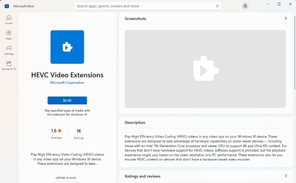 HEIC Video Extensions in Microsoft Store