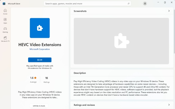 Extensions vidéo HEIC dans Microsoft Store