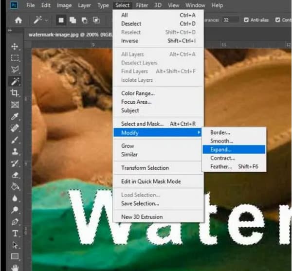 Photoshop Seleccionar Modificar Expandir Quitar marca de agua de Getty Image