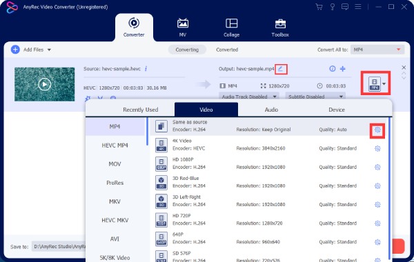 Pilih Format Output untuk Video H265