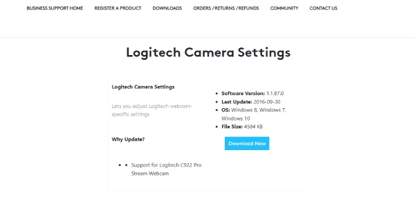 Download de aplicativos de configurações de câmera Logitech