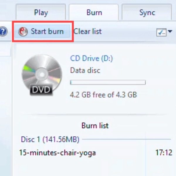 Start Burn the Disc in Windows Media Player