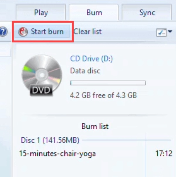 Spusťte Vypálit disk v programu Windows Media Player