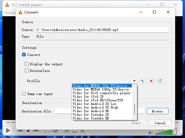 VLC Choose Output Format