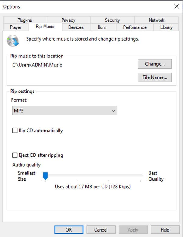 ตัวเลือกการจัดระเบียบ Windows Media Player ฉีกเพลง