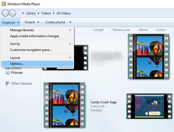 Windows Media Player تنظيم الخيارات