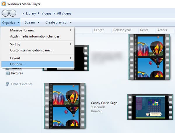 Klik op Opties in Windows Media Player