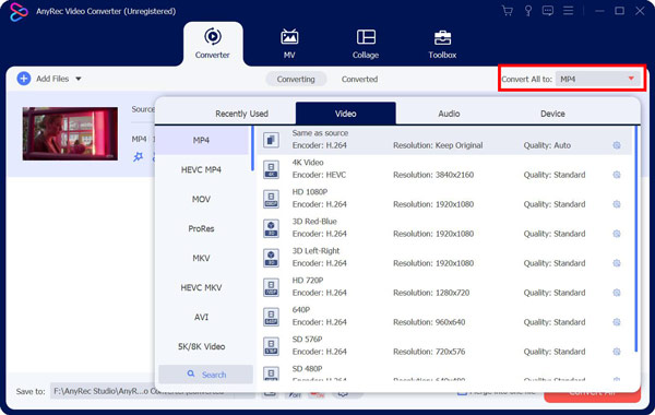 Tukar Format dalam AnyRec