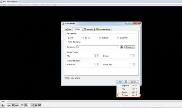 Válassza a DVD File VLC lehetőséget