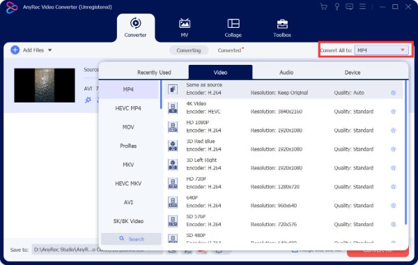 Pilih Format Output AnyRec XVID