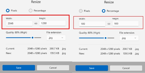 Resize Options in Windows Photos