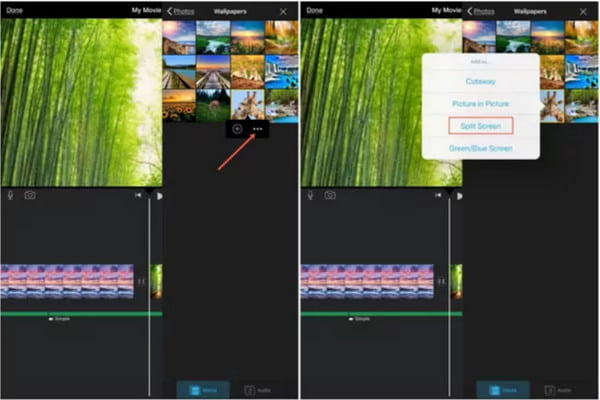 หน้าจอแยก iMovie ของ iPhone