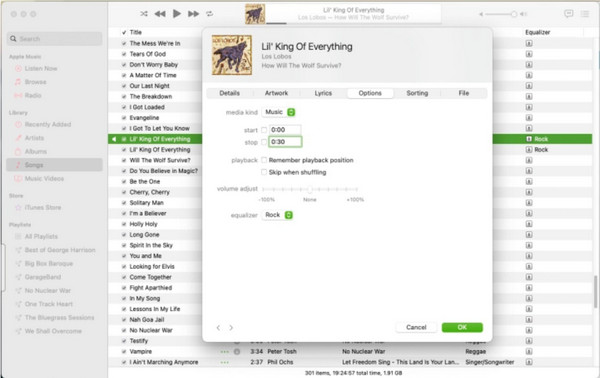 Opciones de iTunes Inicio Fin