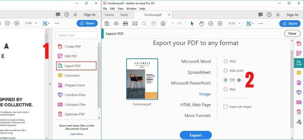 Adobe Acrobat Reader to DC TIFF को PDF निर्यात करता है