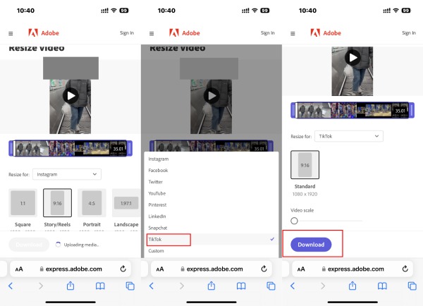 Adobe Express Crop-videoer til TikTok på Safari