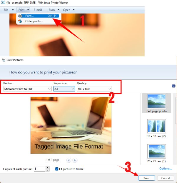 Change TIFF to PDF in windows Photo Viewer