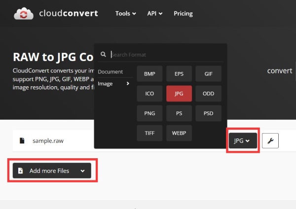 Scegli Formato di output Cloudconvert