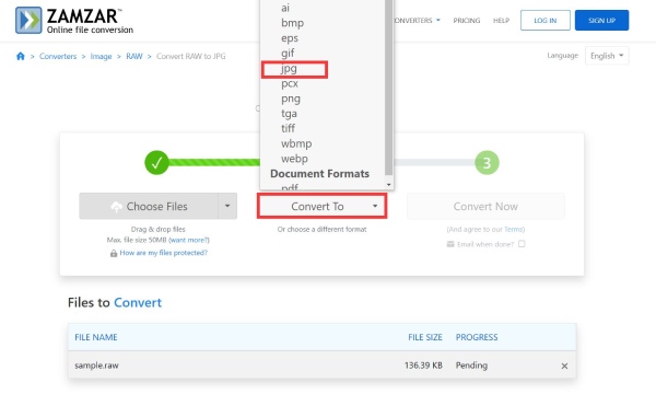 Scegli Formato di output ZamZar