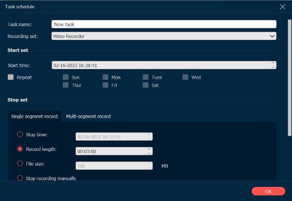 Configuración del horario de tareas