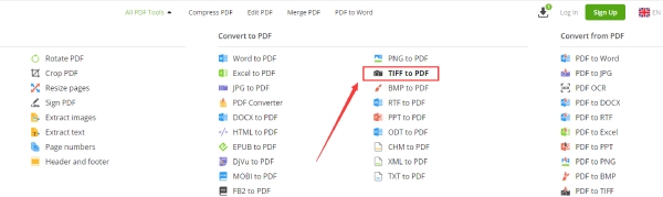 Encontre a ferramenta TIFF para PDF no PDF Candy