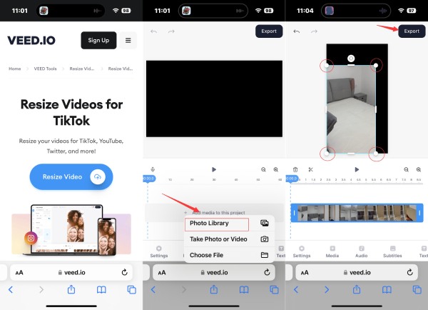 VEED.IO recortar videos para TikTok en Safari iOS