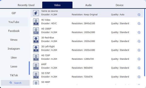 Ajustes preestablecidos de formato AnyRec