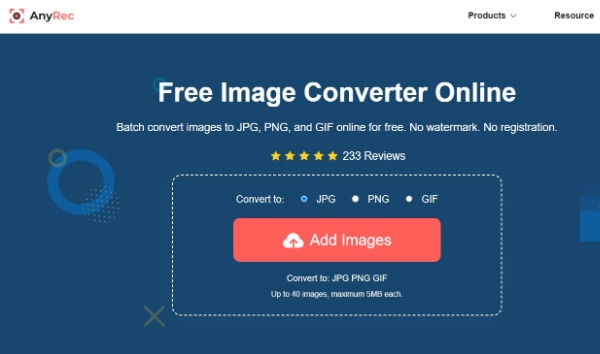 Interfaccia online del convertitore di immagini gratuito AnyRec