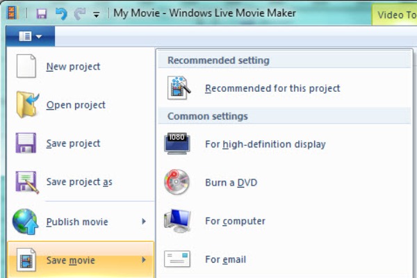 בחר באפשרות שמור סרט Windows Movie Maker