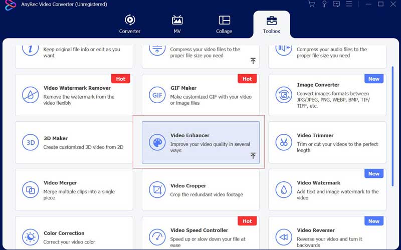 Video Enhancer az AnyRec Toolboxban