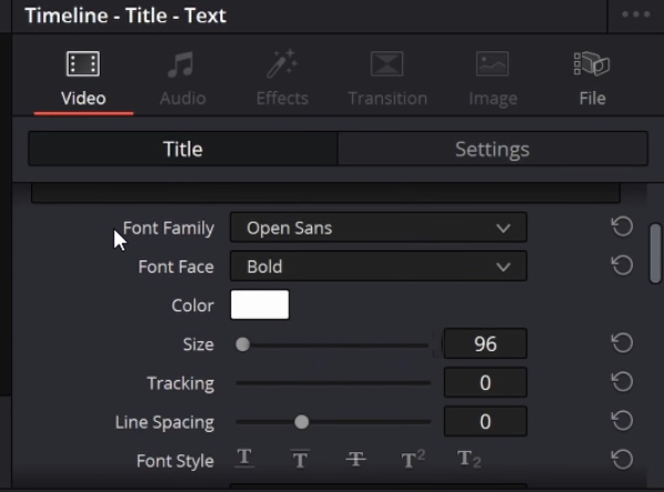 Regola lo stile del testo Davinci Resolve