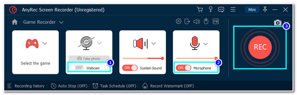 AnyRec Activați WebCam și Microfon Bifați Rec