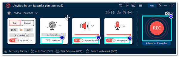 스위치를 켜고 REC 버튼을 클릭하세요