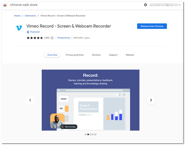 ส่วนขยายโปรแกรมบันทึกหน้าจอ Vimeo สำหรับ Chrome