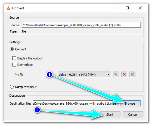 VLC Select File Destination and Start Converting