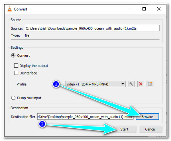 VLC Seleccione el destino del archivo y comience a convertir