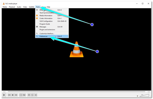 VLC 选择工具选项卡并单击首选项