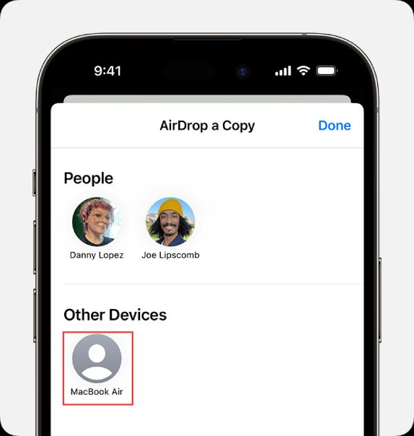 Välj Enhet för AirDrop från iPhone till Mac