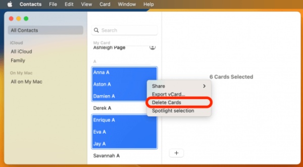 Több névjegy törlése Mac
